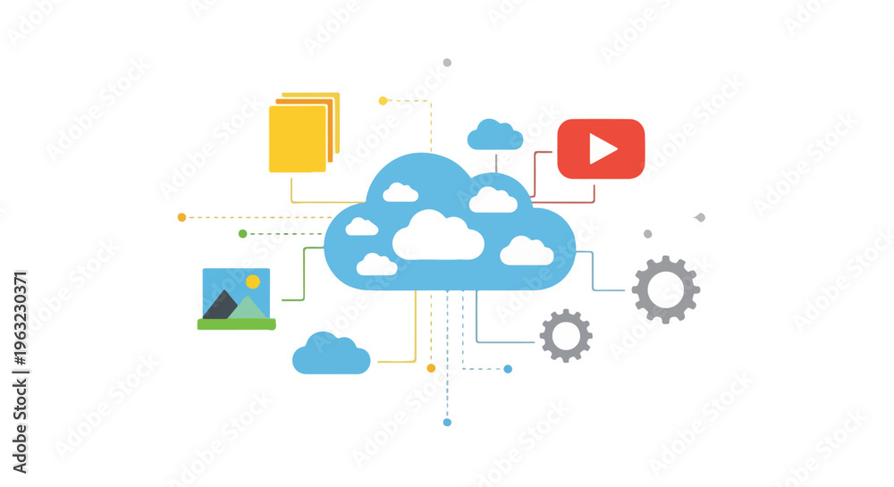 Obraz premium Colorful illustration depicting cloud storage, data, and video sharing