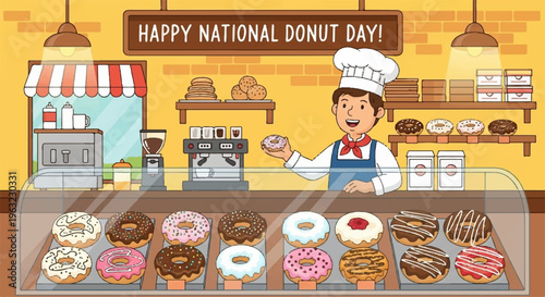 Baker offers assorted donuts in a bakery on national donut day with a cheerful atmosphere and colorful treats on display