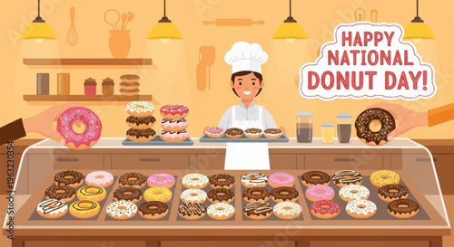 Baker displays assorted donuts in a bakery case on national donut day celebrating with a cheerful dessert spread