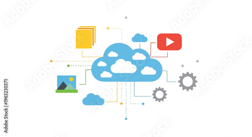 Colorful illustration depicting cloud storage, data, and video sharing