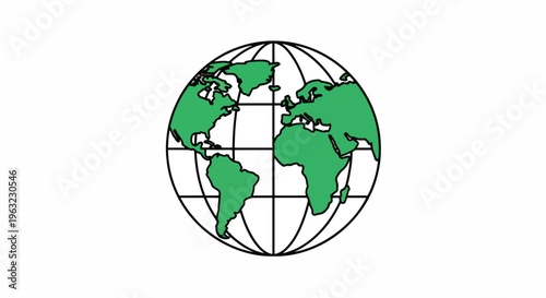 Green continents on a black outlined world globe