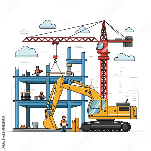 Colorful illustration of a building under construction with machines