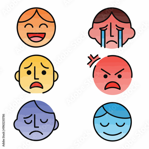 Colorful illustrations of various human emotions depicted with expressive faces