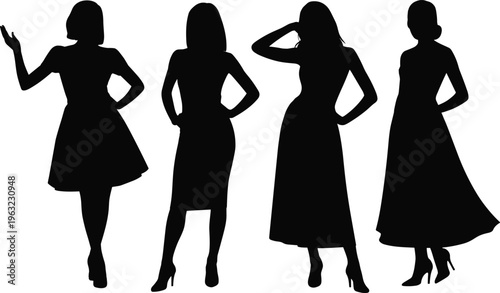 Women silhouettes set illustration, elegant female poses in dresses, fashion model figures collection, black and white vector design for style concept – vector illustration