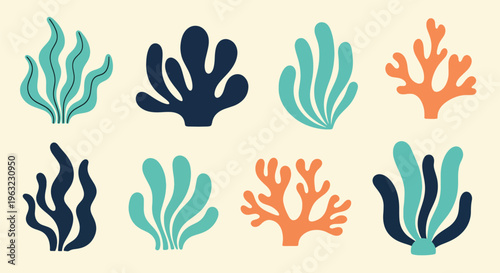 Coral reef elements in blue orange and teal on beige background
