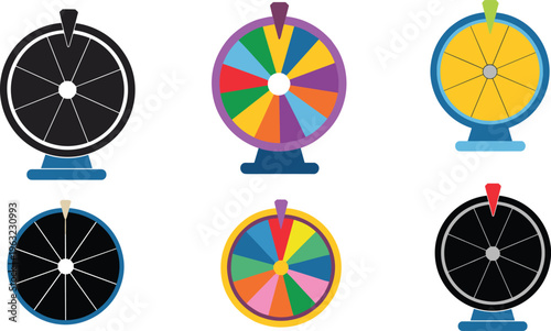 Colorful spinning prize wheels, game decision tool, fortune wheel illustration, multicolored segments, playful design, entertainment concept, lucky draw