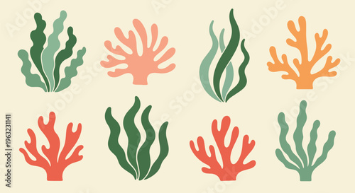 Coral reef elements in different colors on beige background