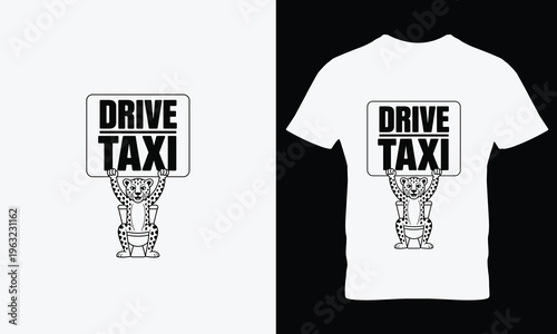 Black and white t shirt with jaguar holding drive taxi sign
