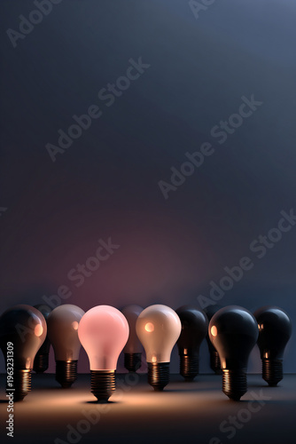 illuminated row of minimalist lightbulbs, stylized glowing and dim bulbs, modern creative light design, editorial graphic composition
