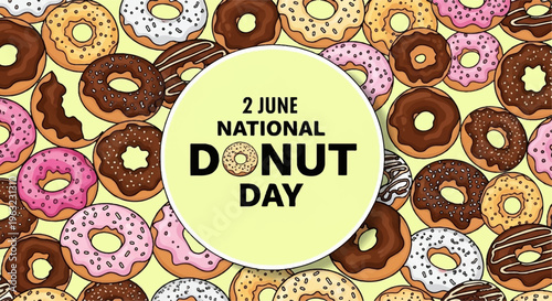 Colorful donuts celebrate national donut day on june 2nd with sprinkles and glaze on yellow background