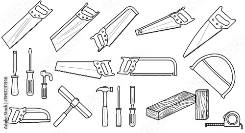 Collection of various woodworking tools on white background
