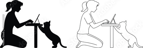 Woman working on laptop with cat interaction silhouette and line art home workspace lifestyle pet companionship concept, vector illustration