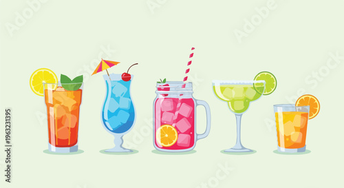 Colorful illustration of five diverse cocktails, each with unique garnishes