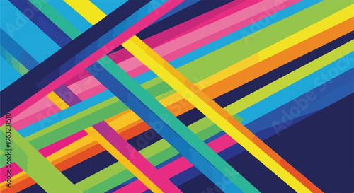 Colorful, intersecting stripes overlay a dark blue background creating an abstract design