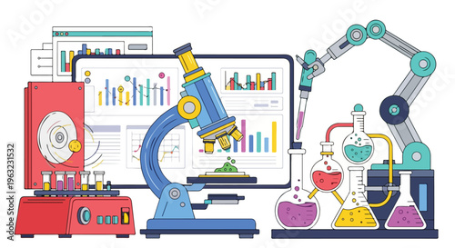 Colorful illustration of lab equipment including microscope, graphs, and robot arm