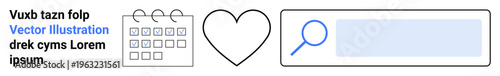 Time management, online search, love connection, productivity, scheduling, digital tools. Calendar icon, heart shape search input box and text. Time management and online search