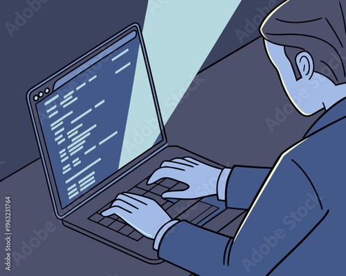 A person coding on a laptop in a darkened room illuminated by the screen