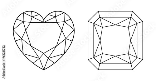 Heart, Original Radiant diamond cut shapes icon set. Brilliant Heart, Original Radiant shaped modified cut pattern. Precious gemstone outline for jewellery design, branding, packaging, logo, web, app.
