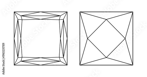 Princess diamond cut shapes. Design thin diagram top view. Princess brilliant square cut. Set of gemstone outline icons for jewellery design, branding, packaging, minimalist logo, digital graphic.