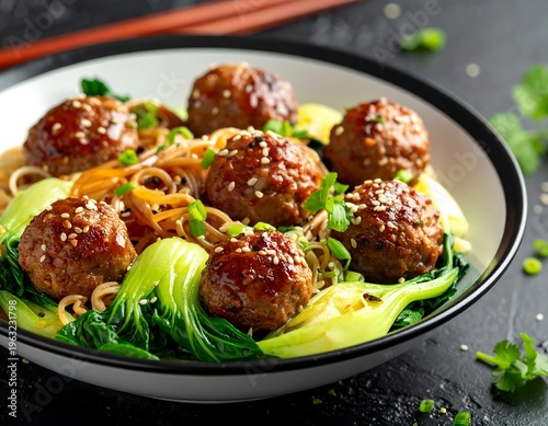 Close-up of Asian-inspired meatballs, noodles, and greens in a bowl