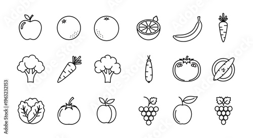 Collection of various fruit and vegetable line icons on white background