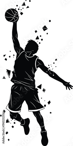Basketball slam dunk silhouette illustration, dynamic sports artwork, fragmented motion design collection, black white figure set, stylized athlete profiles