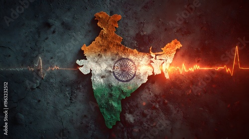 Map of India with national flag colors and heartbeat line overlay symbolizing economic pulse growth healthcare vitality national strength crisis response resilience and dynamic development trends