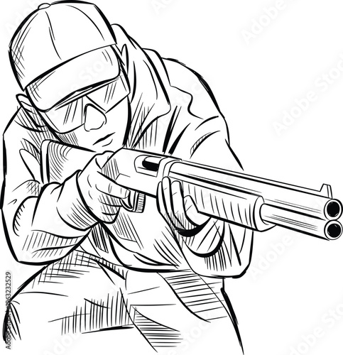 Armed man aiming shotgun, tactical action pose, detailed black and white line art illustration, security or danger concept character design – vector illustration