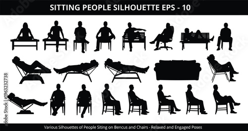Sitting people silhouette illustrations, relaxed posture artwork, ergonomic design collection, black white figure set, stylized seating profiles