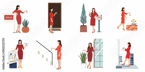 Illustration set of a professional real estate agent or new homeowner in a red dress holding keys in different house-related scenarios.