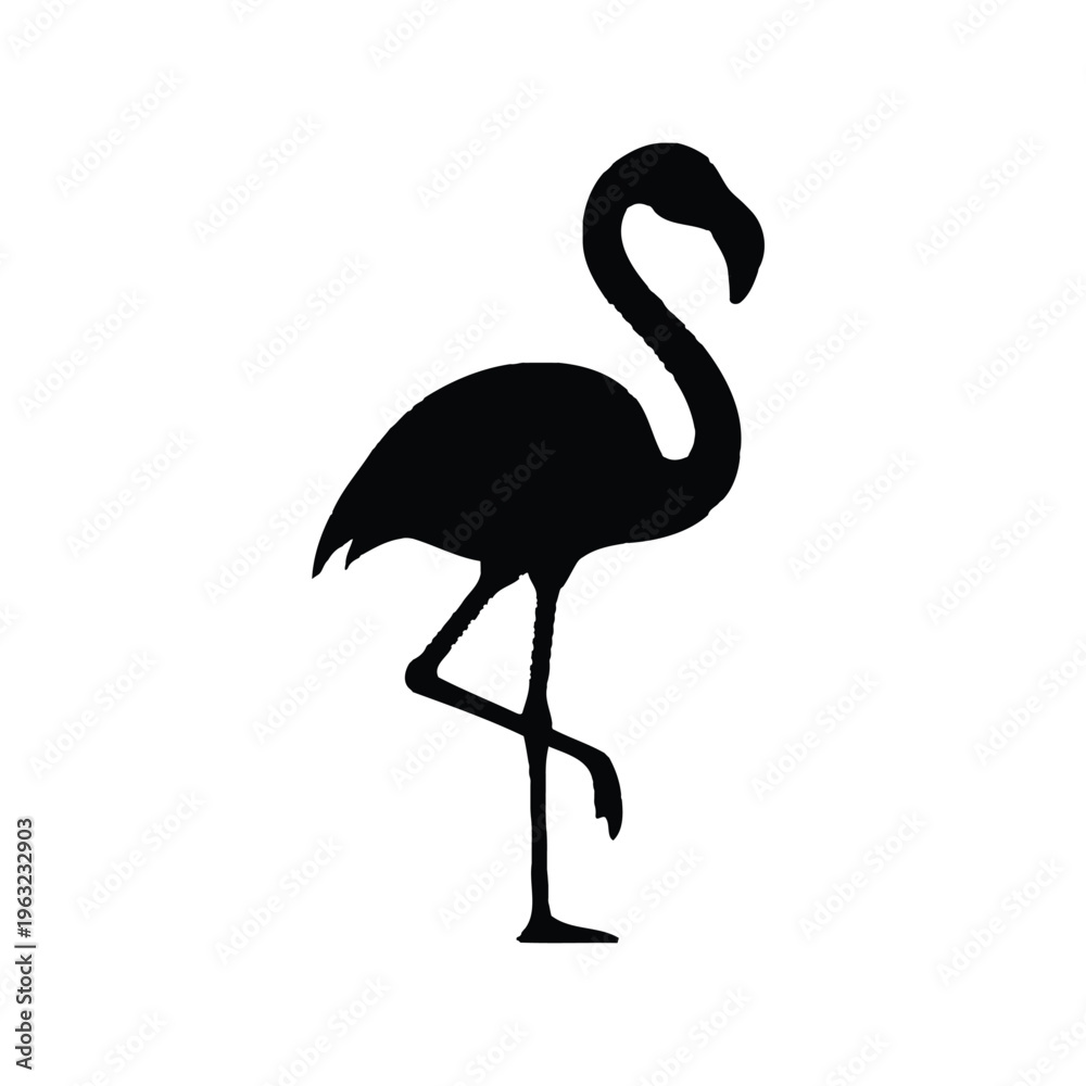 Fototapeta premium Black silhouette of a flamingo standing on one leg bird white background