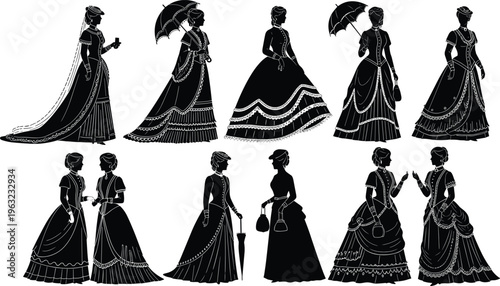 Victorian women silhouette illustrations, ornate fashion artwork, 19th century design collection, black white figure set, stylized vintage profiles