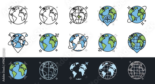 Collection of various earth globe icons in different styles and colors