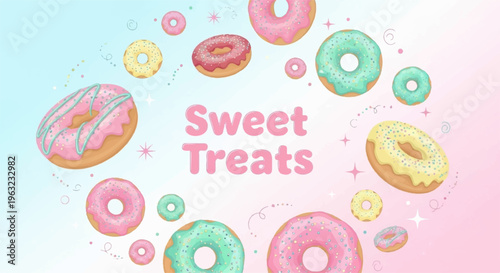 Colorful donuts and sweet treats arranged in a festive pattern on a pastel background with sparkles