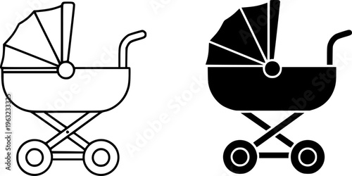 Baby Stroller and Pram Icon Set - Newborn Transportation Vector Illustration (Outline & Solid Styles)