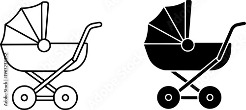 Baby Stroller and Pram Icon Set - Newborn Transportation Vector Illustration (Outline & Solid Styles)