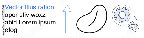 Direction, innovation, process flow, mechanics, system design, engineering. Arrow pointing upward, bean shape and interlocking gear mechanisms. Innovation and process flow concept