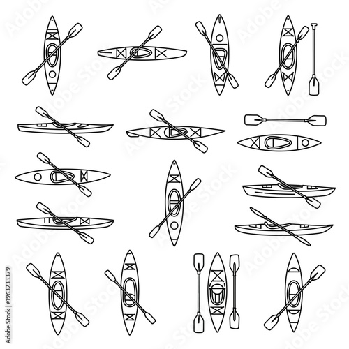 Collection of various kayaks and paddles in different orientations