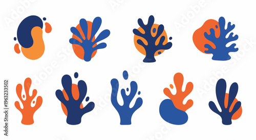 Coral reef icons in blue and orange hues for ocean conservation