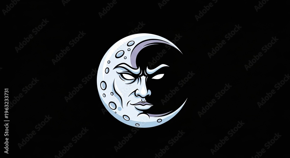 Obraz premium Fierce Moon God Mascot Logo with Crescent Face on Black