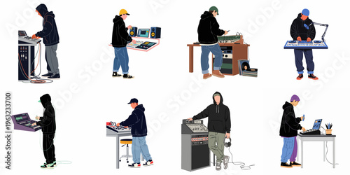 Vector illustration set of young music producers and DJs working with professional audio equipment, mixing consoles, and turntables on a white background.
