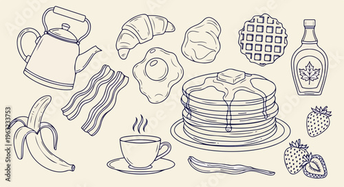 Hand drawn delicious breakfast food collection including pancakes, bacon, eggs, croissant, and coffee