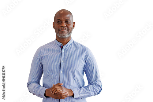Konstfotografi Confident mature african american businessman smiling, standing with hands clasp