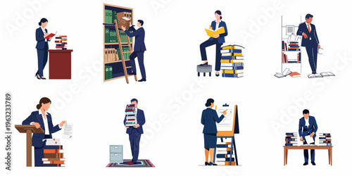Vector illustrations of professional men and women lawyers, researchers, and students working with law books in various office and library settings.