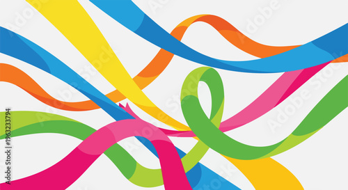 Colorful ribbons, intertwined, against a white background
