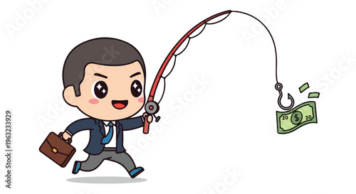 Chibi businessman character running with fishing rod trying to catch money with a hook on white background