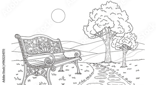 Bench beside a tree lined path in a serene outdoor setting