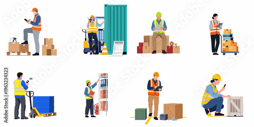 Collection of warehouse logistics workers managing inventory, scanning goods, and organizing stock in a flat illustration style.