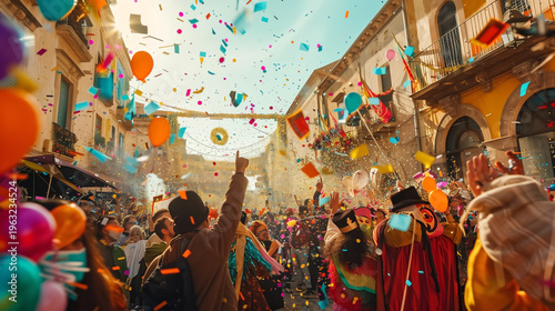 Vibrant street celebration with colorful confetti, balloons, and cheering crowd during Purim festival.