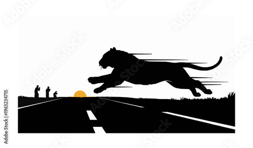 Running tiger crossing road at sunrise with distant people silhouettes afraid wildlife danger flat vector